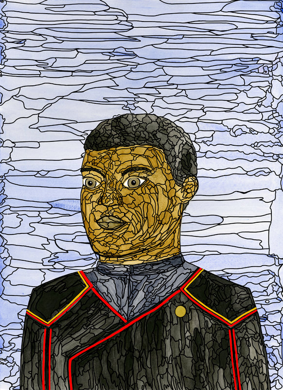 A three-quarters profile watercolor portrait of a Black person with light brown eyes and short black hair, visible from about the elbows up. She wears a black jacket with red and yellow piping and poses in front of a light blue background. Black ink outlines the variations in color to create a stained-glass effect.