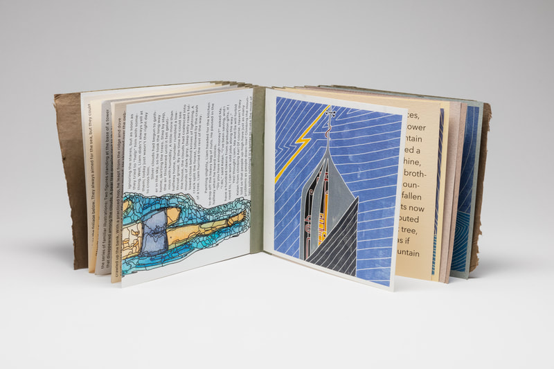 An artist's book with a fan structure, open to a pair of illustrated pages. One of the illustrations depicts the lower half of a person swimming, one leg amputated above the knee. The other illustration is of the top of a tower with a bolt of lightning striking down from its pointed top.