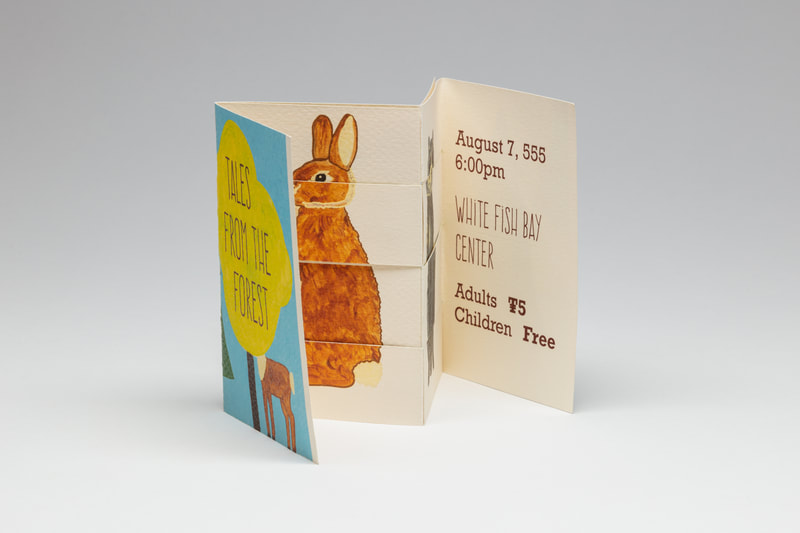 A simple accordion-structured artist's book with illustrations of woodland creatures and text reading "August 7, 555, 6:00pm, White Fish Bay Center, Adults $5, Children free."