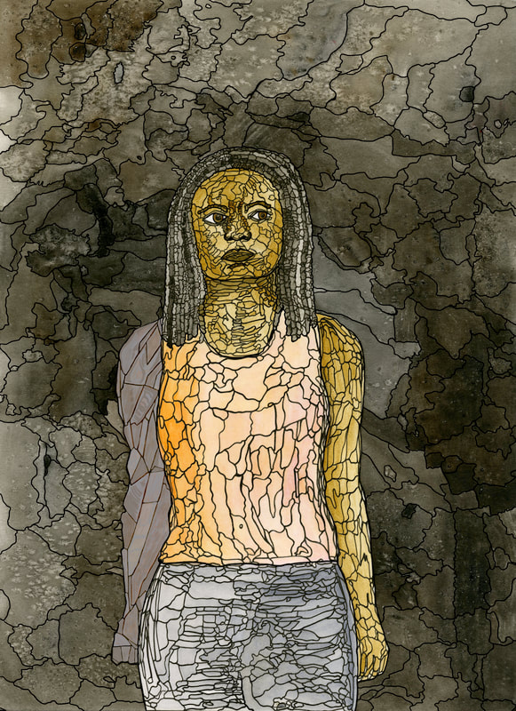 A watercolor portrait of a Black woman viewed from the thighs up. She is wearing a pink and orange tank top, blue pants, and has shoulder-length locs. One of her arms is grey stone. She stands in front of a smoky black and grey background. Black ink outlines each variation of color, so the style resembles stained glass.
