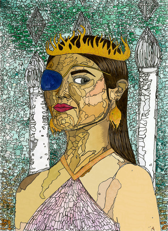 A watercolor portrait of a woman in three-quarters view, depicted from the shoulders up. She's wearing a crown and an eyepatch and has dark brown hair, light brown skin, and magenta lips. There are towers in the background with diamonds floating over them. Black ink outlines every variation in color, so the style resembles stained glass. 