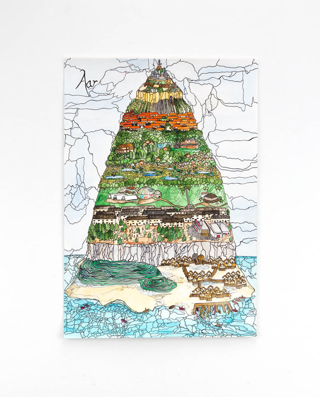 A detailed watercolor and black ink drawing of a mountain island with beaches, rice terraces, and homes on stilts at the base, a city at the peak, and forests, gardens, homes, and farms in between. 