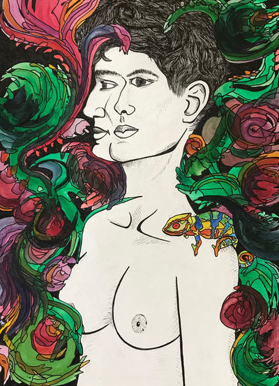 Colorful, abstract flora surrounds a person with two faces and bared breasts. A chameleon perches on their shoulder.