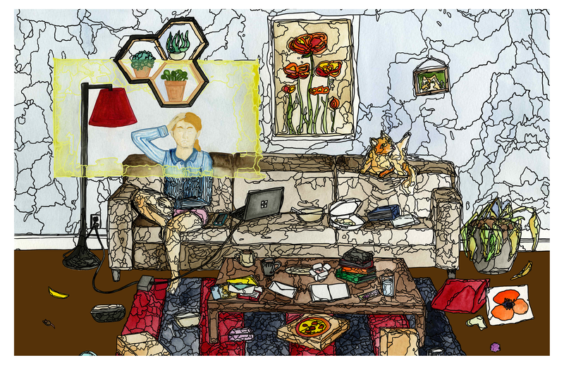 A watercolor and black ink living room scene, depicting a white, blonde woman seated on a couch surrounded by the detritus of a busy home life, including empty takeout boxes, books and unopened mail, electronics, a cat and cat toys, and a dead house plant. She has her hand on her head, signaling stress or exasperation.